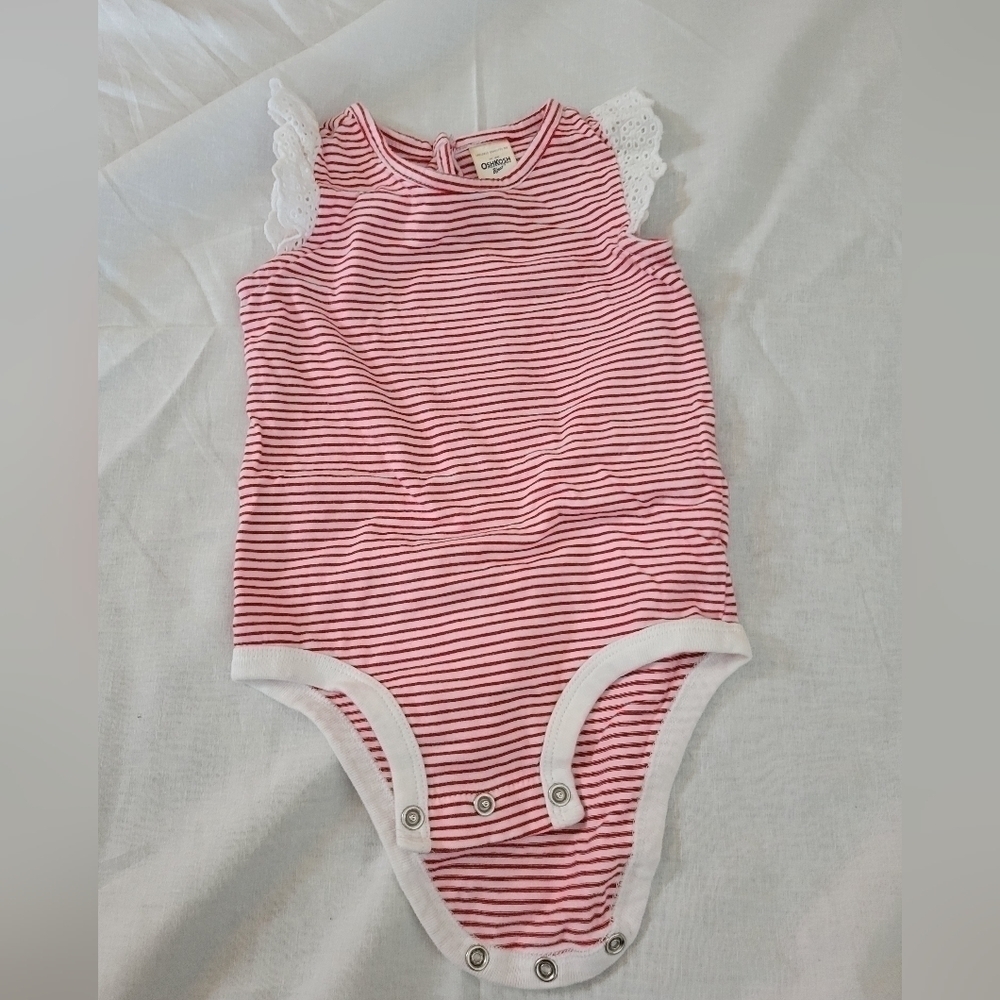 OshKosh red & white striped eyelet lace flutter sleeve onesie 9m